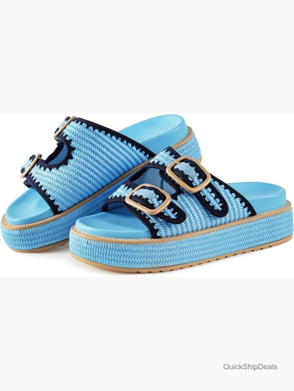 Raffia Espadrille Wedges Woven Straw Crochet Sandals Double Buckle Strap